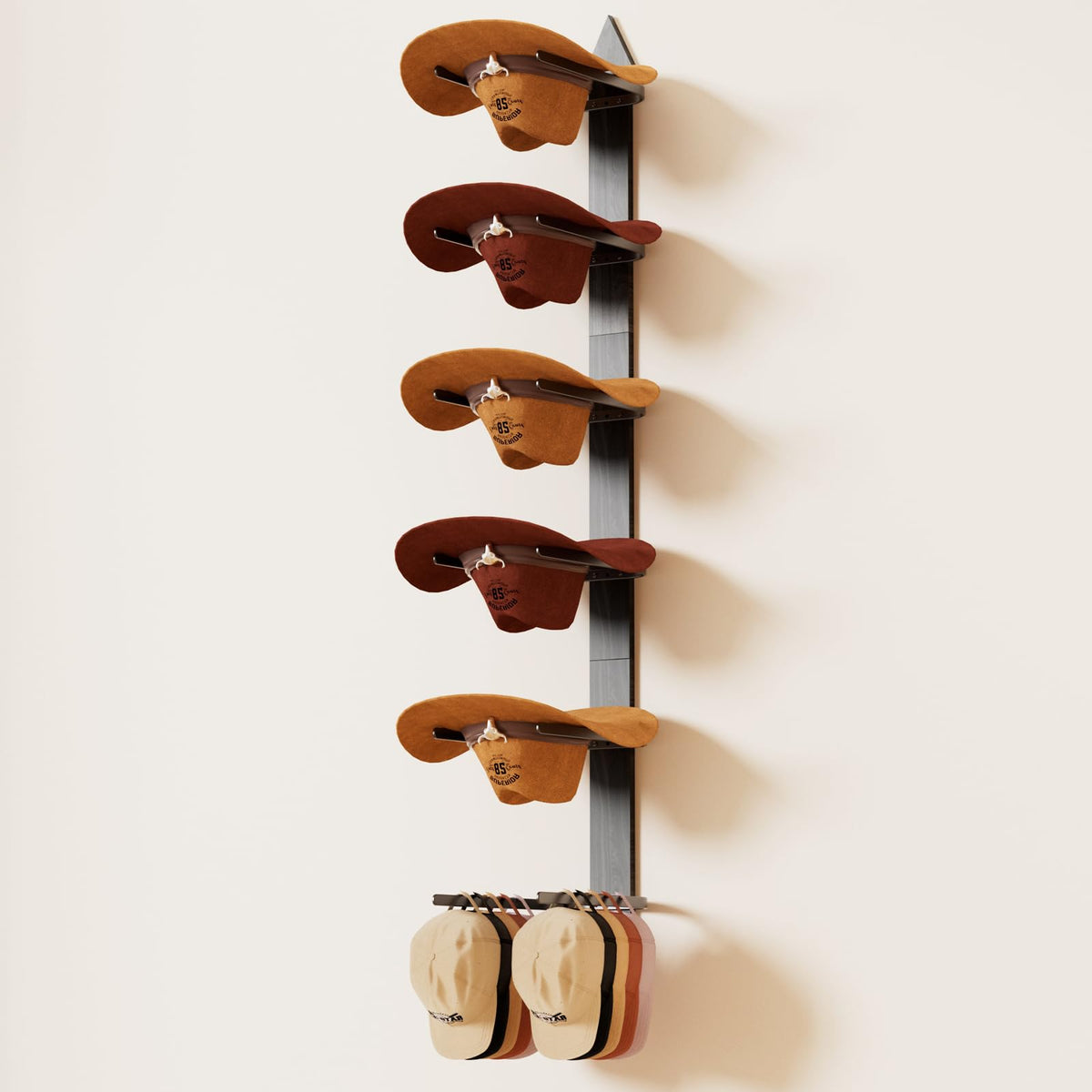 Orapoke front view of wooden cowboy hat rack shows organized storage benefit