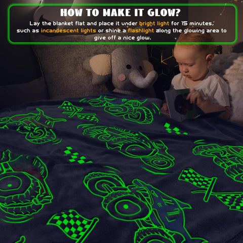 ORDM blanket glowing in dark after light exposure for playful nights
