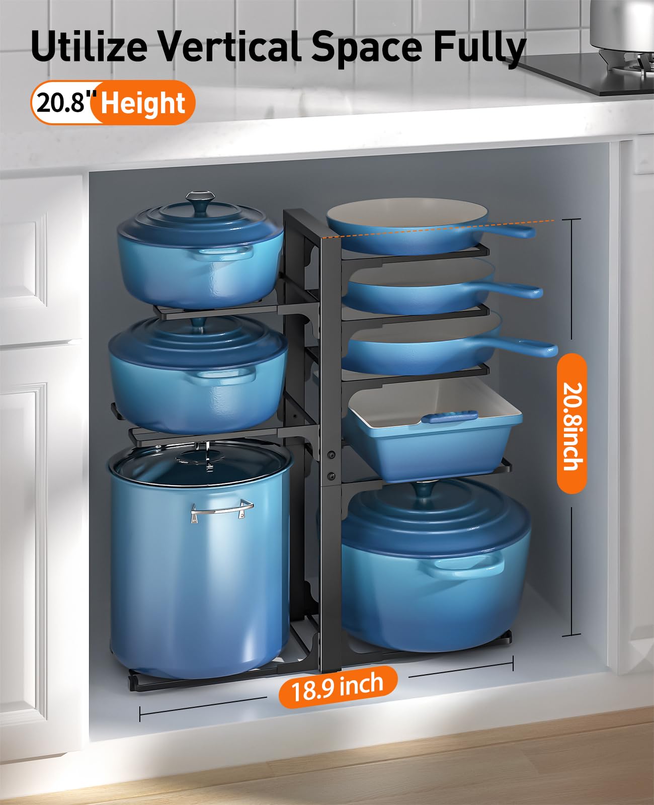 ORDORA close-up of curved cradle detail protecting cookware finishes for scratch-free storage