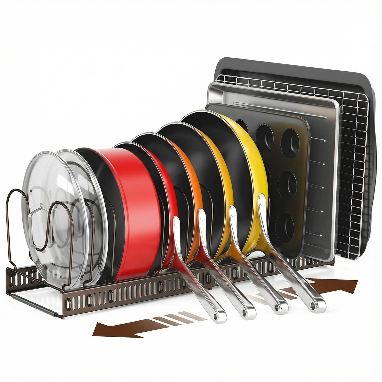 ORDORA front view of bronze expandable pot rack showing compact footprint and organization benefit