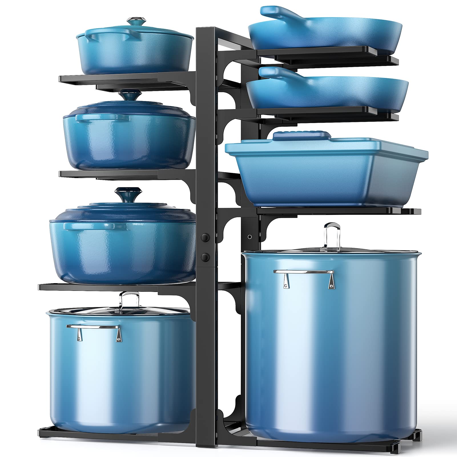 ORDORA front view of under-cabinet organizer showing tidy stacked pots and easy access benefit