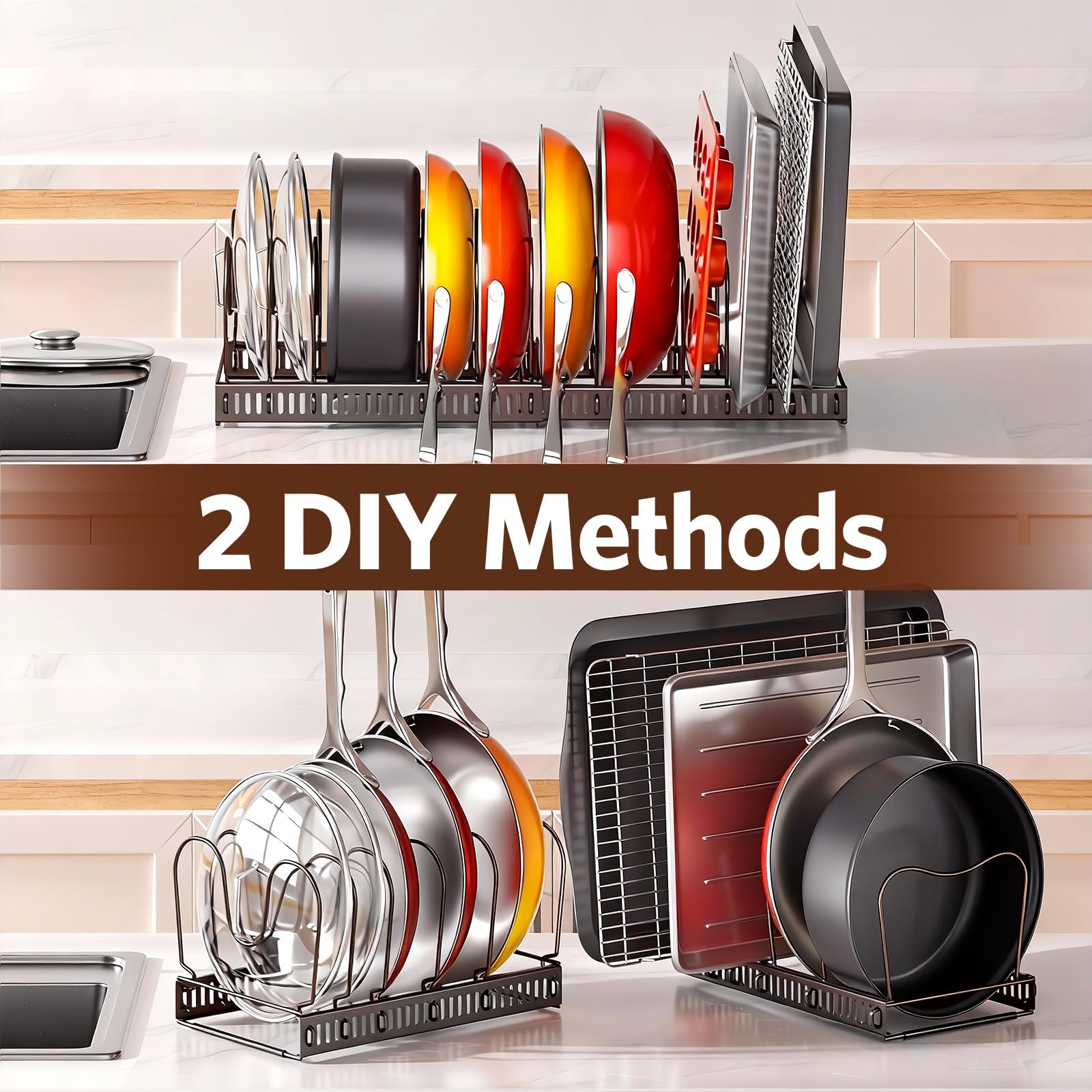 ORDORA on countertop with assorted pans demonstrating easy reach and space saving