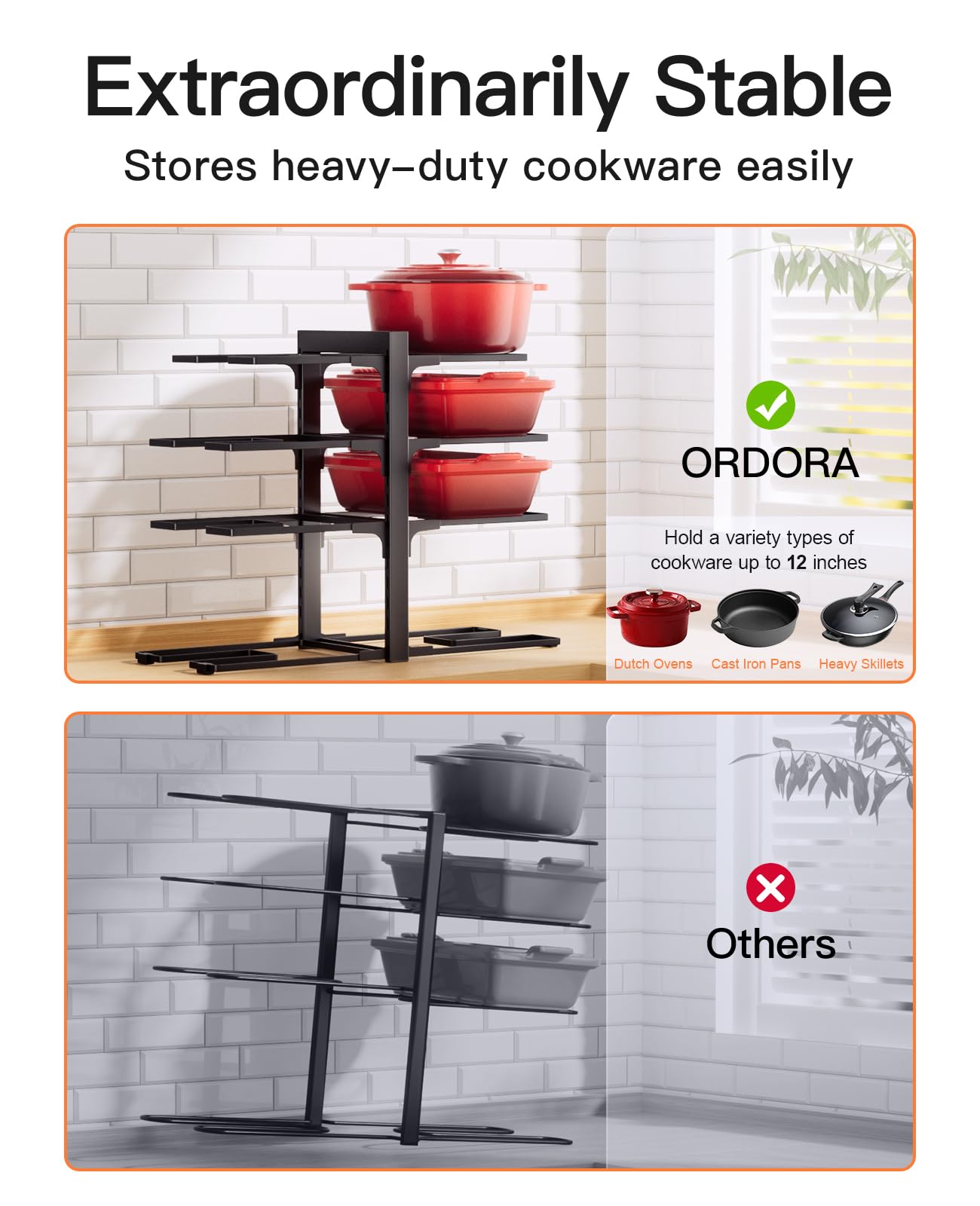 ORDORA size comparison next to common pan showing fit for 12-inch cookware