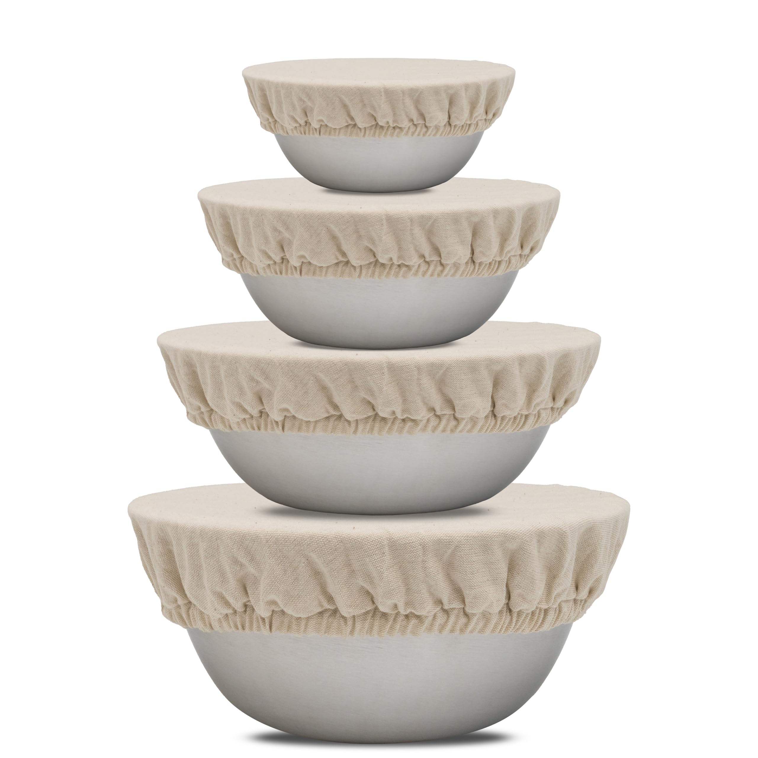 Organic Cotton Mart front packaging showing four linen bowl covers, durable and sustainable