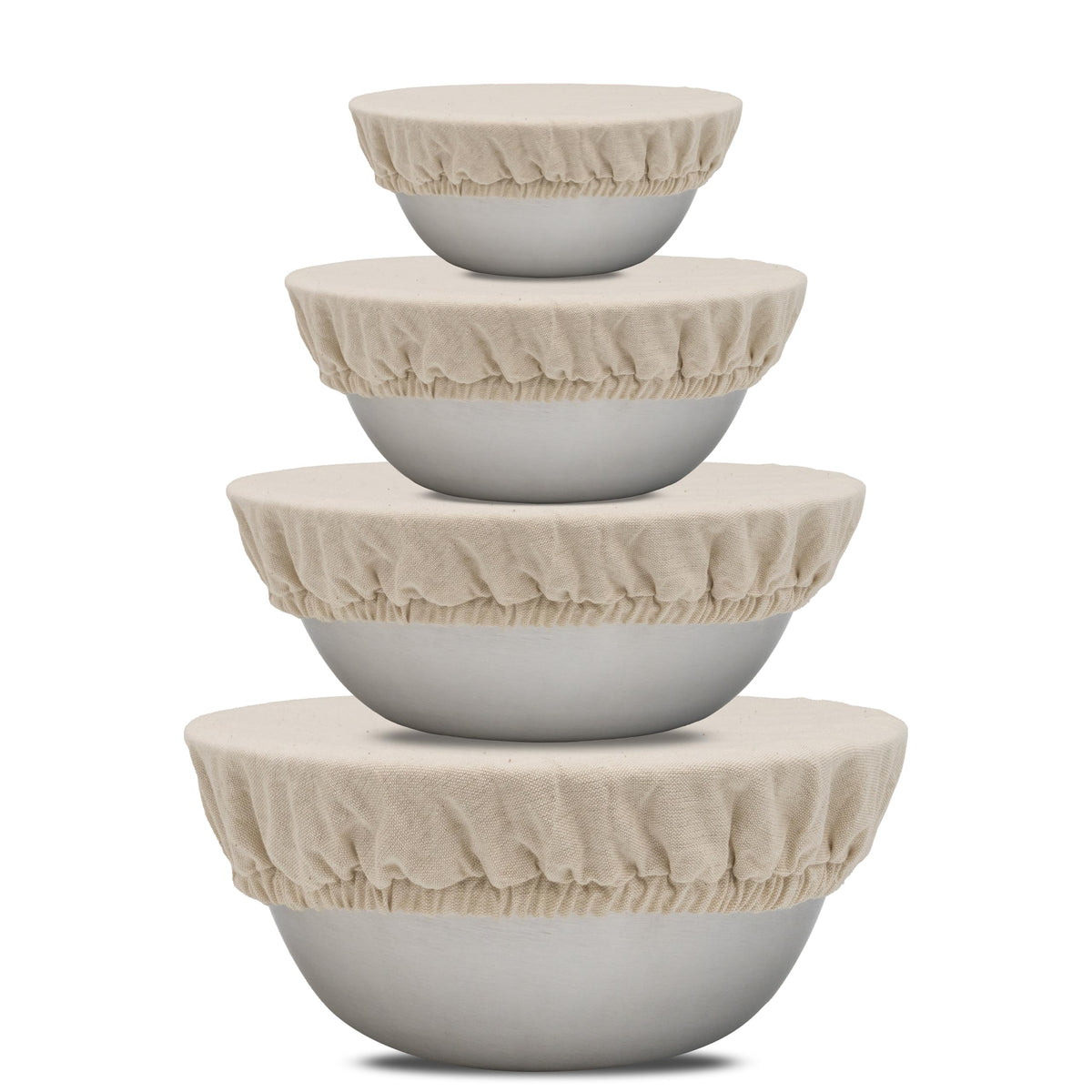 Organic Cotton Mart front packaging showing four linen bowl covers, durable and sustainable