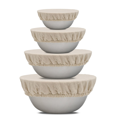 Organic Cotton Mart front packaging showing four linen bowl covers, durable and sustainable