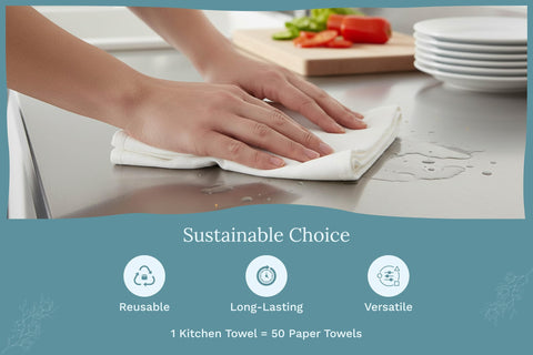 Organic Cotton Mart towel styled in kitchen setting promoting sustainable lifestyle
