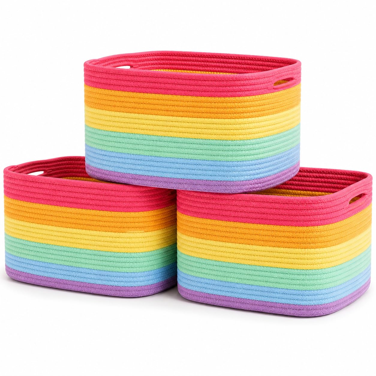 OrganiHaus front view of three rainbow baskets showing coordinated storage benefit