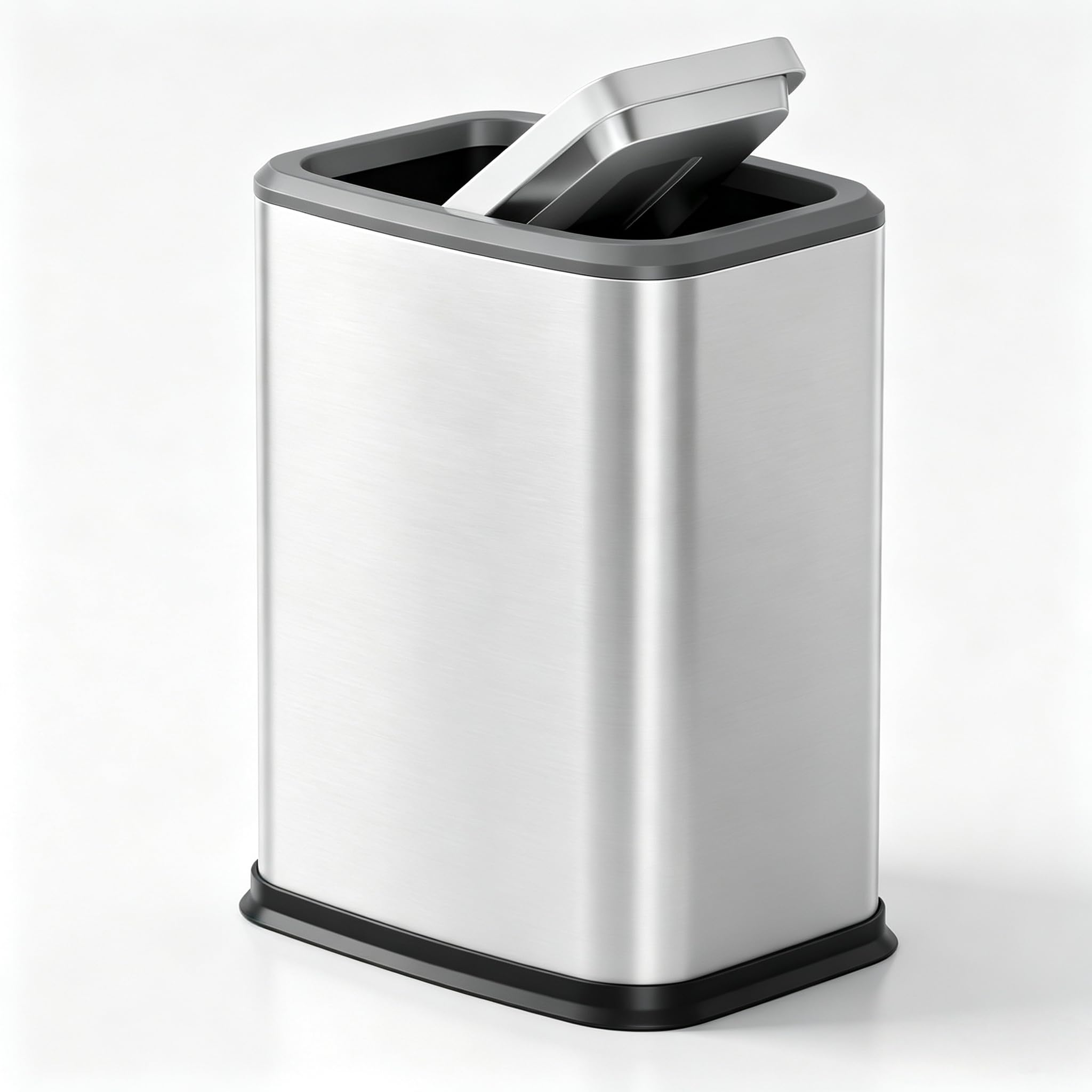organizelink slim silver trash can front view showing compact fit and modern look