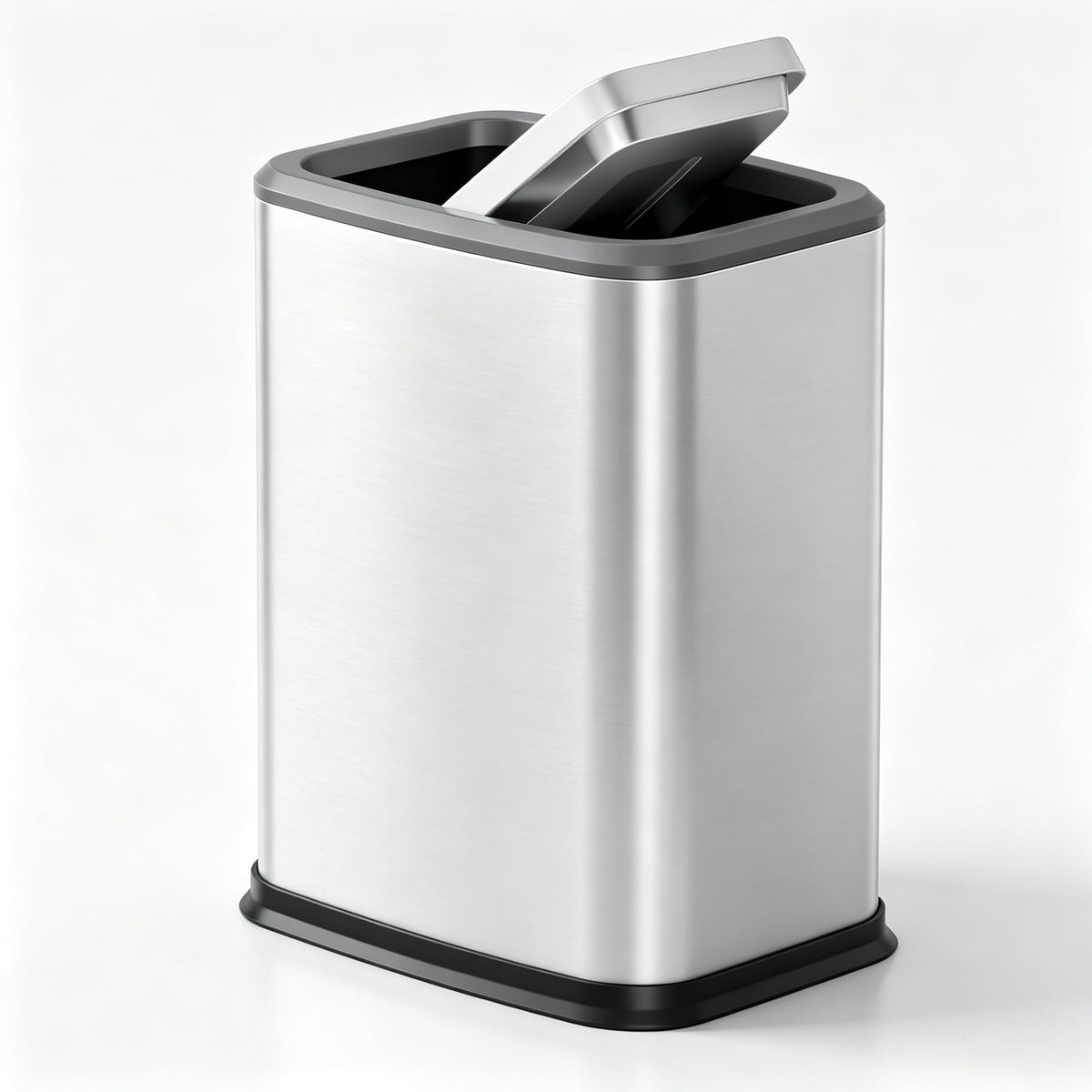 organizelink slim silver trash can front view showing compact fit and modern look