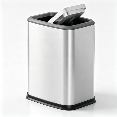 organizelink slim silver trash can front view showing compact fit and modern look