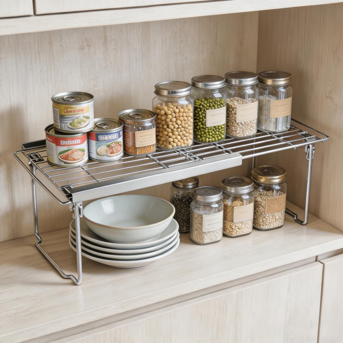 Orgneas 6.3-inch height clearance demonstrating stacked mugs and bowls benefit