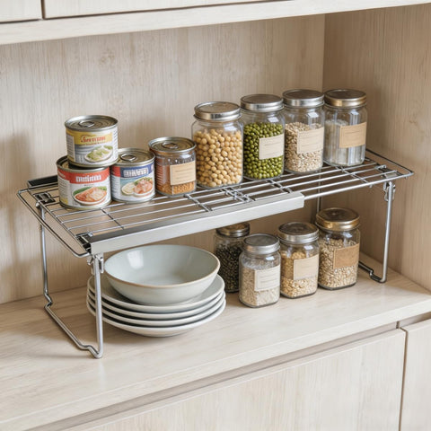 Orgneas 6.3-inch height clearance demonstrating stacked mugs and bowls benefit