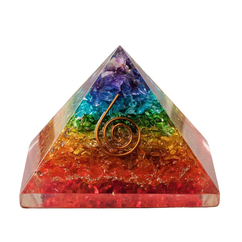 Orgonite Crystals front view of pyramid showing layered gemstones and polished finish for calm