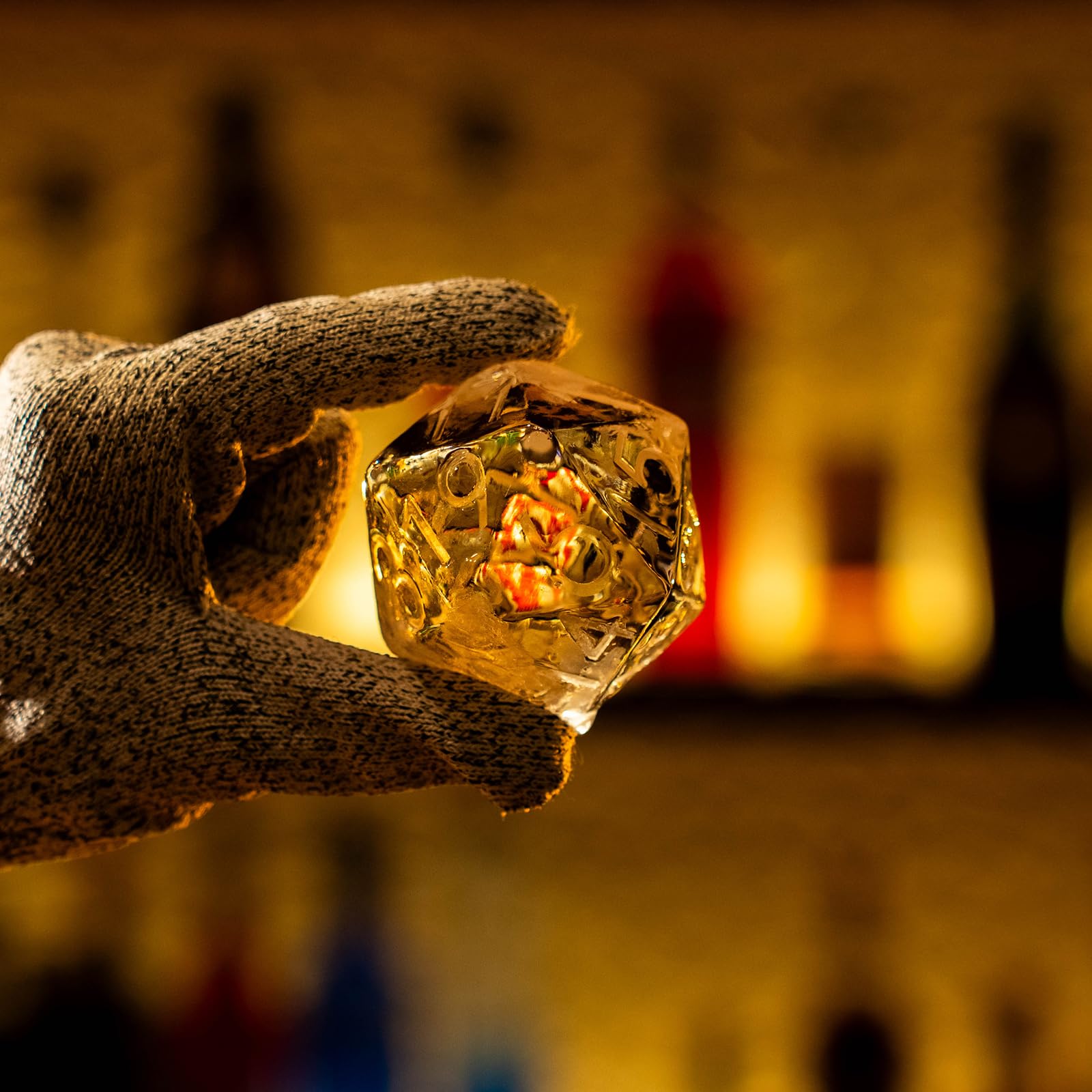 ORI Future D20 ice in rocks glass, slow-melt cocktail enhancement