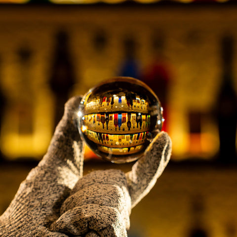 ORI Future large clear ice sphere in whiskey glass showing slow-melt benefit for drinks