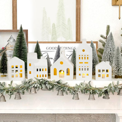 ORIENTAL CHERRY village styled on a mantel adding cozy farmhouse ambiance