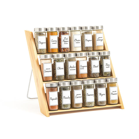Orii front view bamboo spice rack showing organized jars and natural finish for tidy storage
