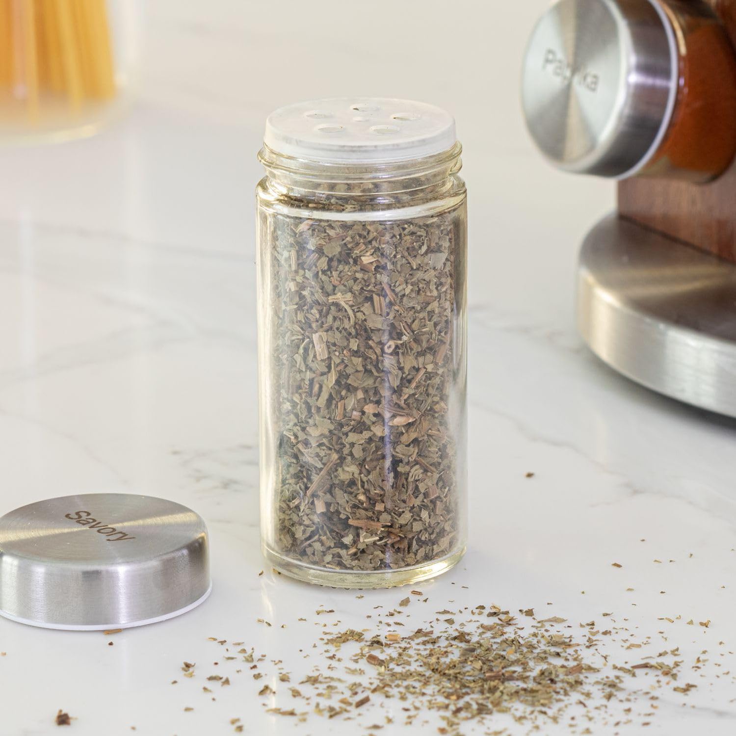 Orii spice rack on countertop in use speeding up meal prep