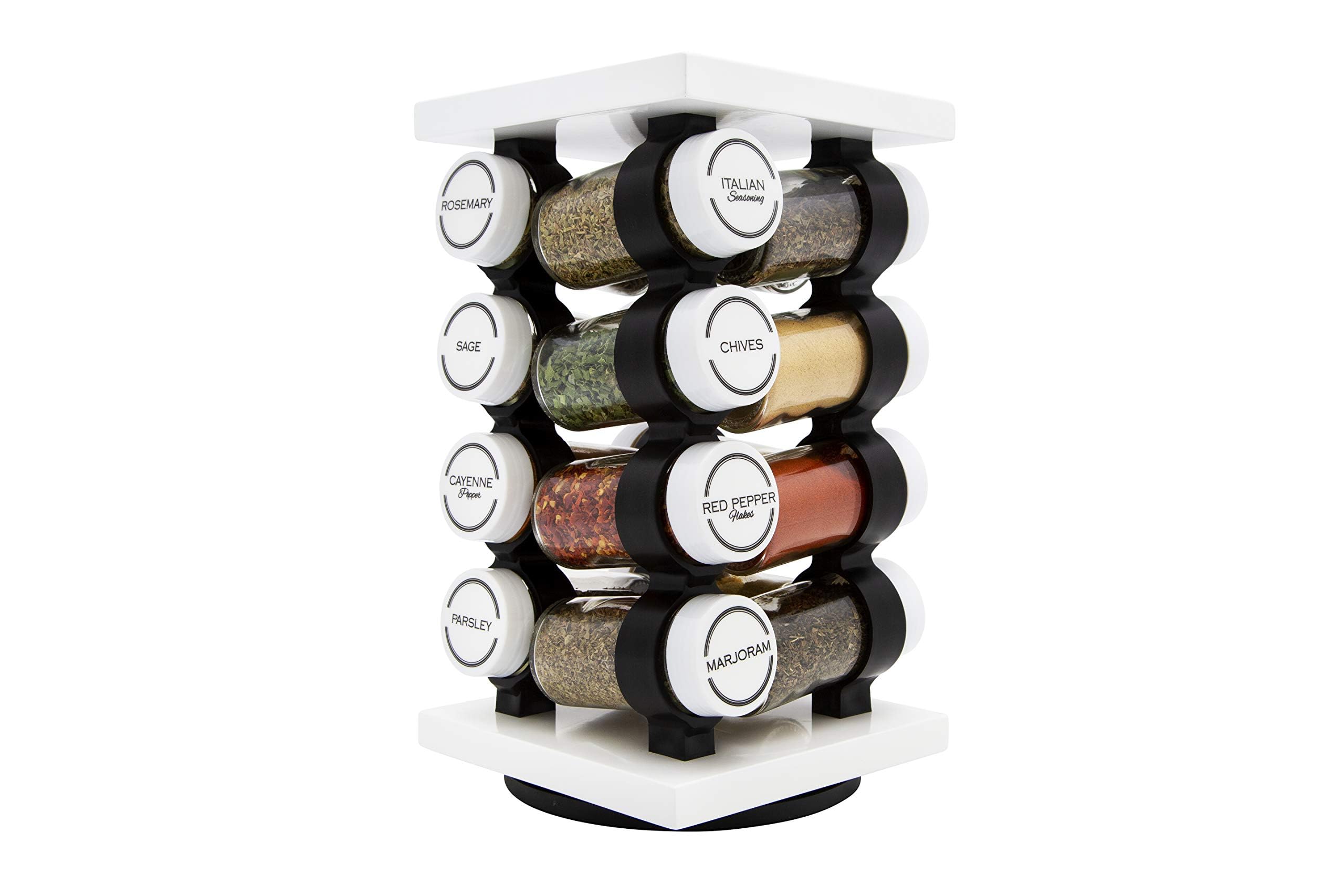 Orii rotating spice rack front view showing neat 16-jar display and tidy storage