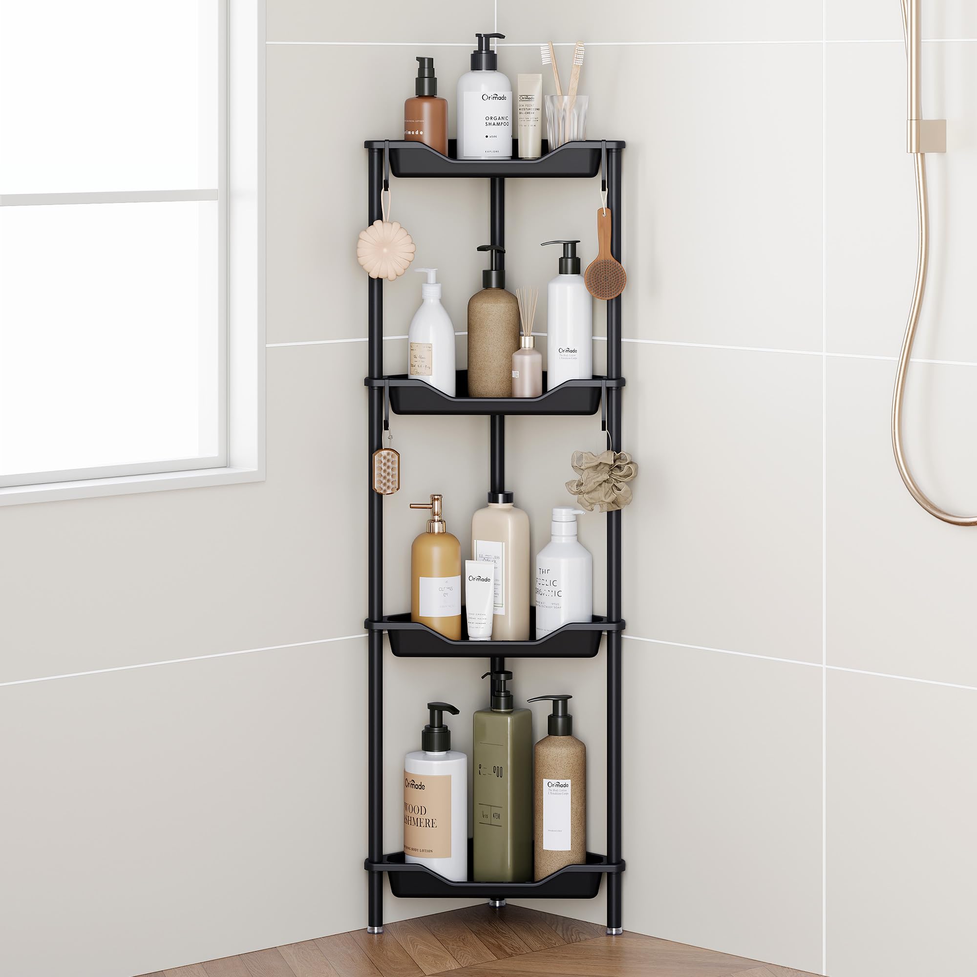 Orimade front view of assembled corner caddy showing organized bottles and quick access
