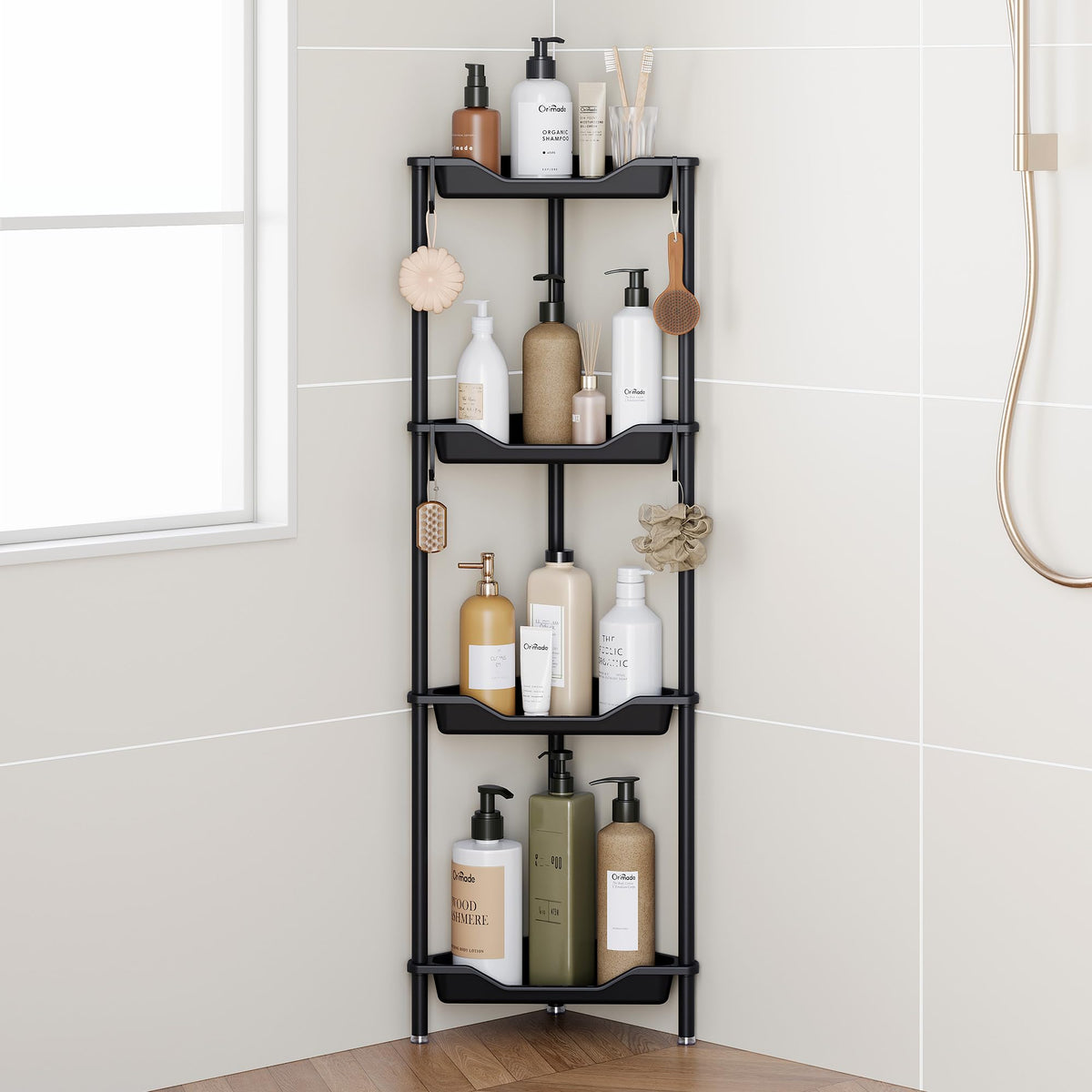 Orimade front view of assembled corner caddy showing organized bottles and quick access