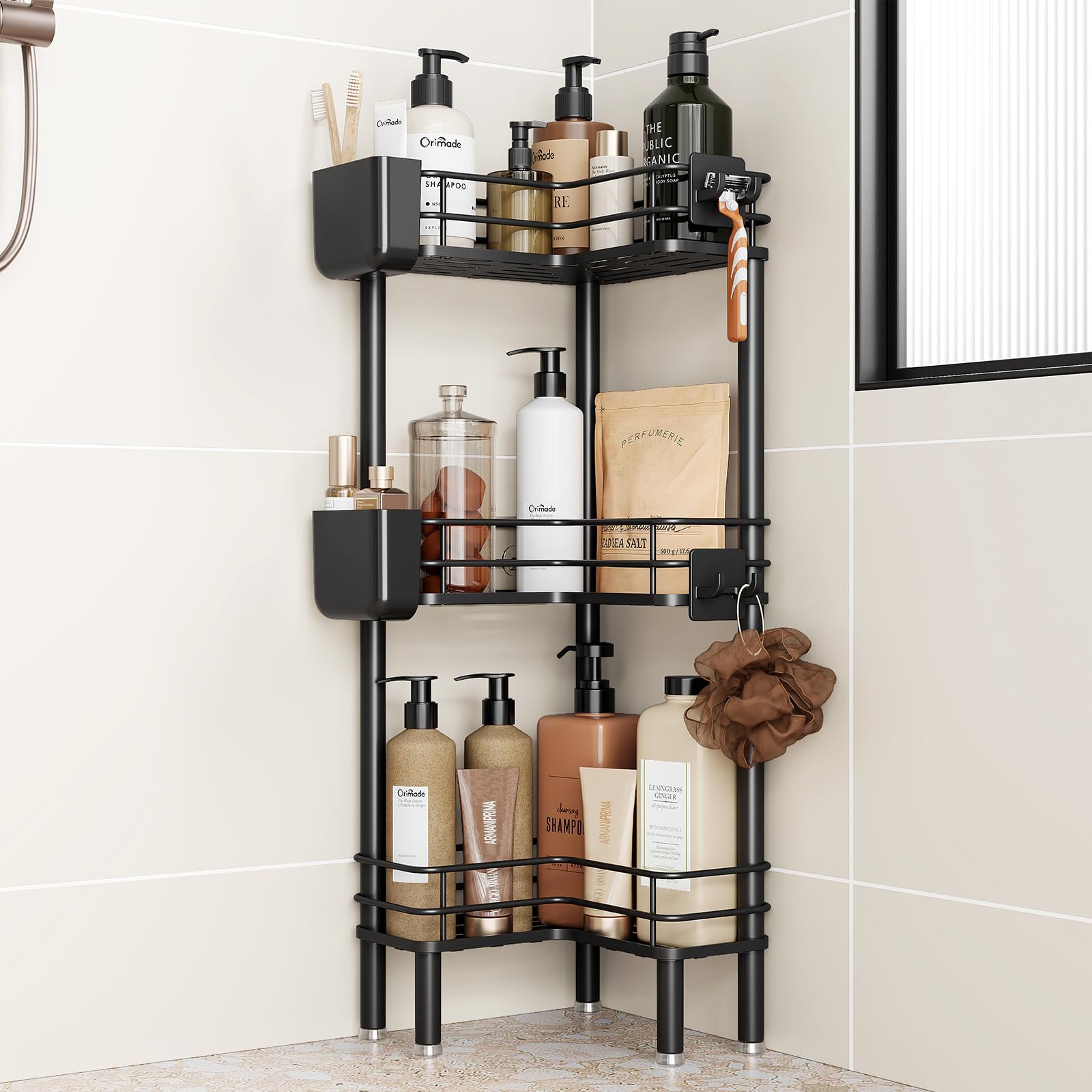 Orimade front view of corner caddy showing three tiers and compact footprint for efficient storage