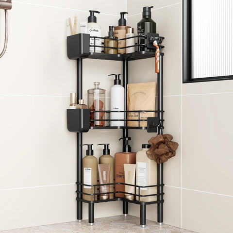 Orimade front view of corner caddy showing three tiers and compact footprint for efficient storage