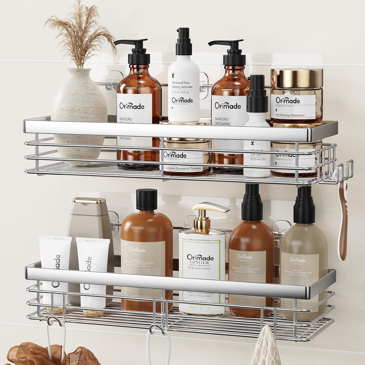 Orimade front view shower caddy shows organized storage and easy access