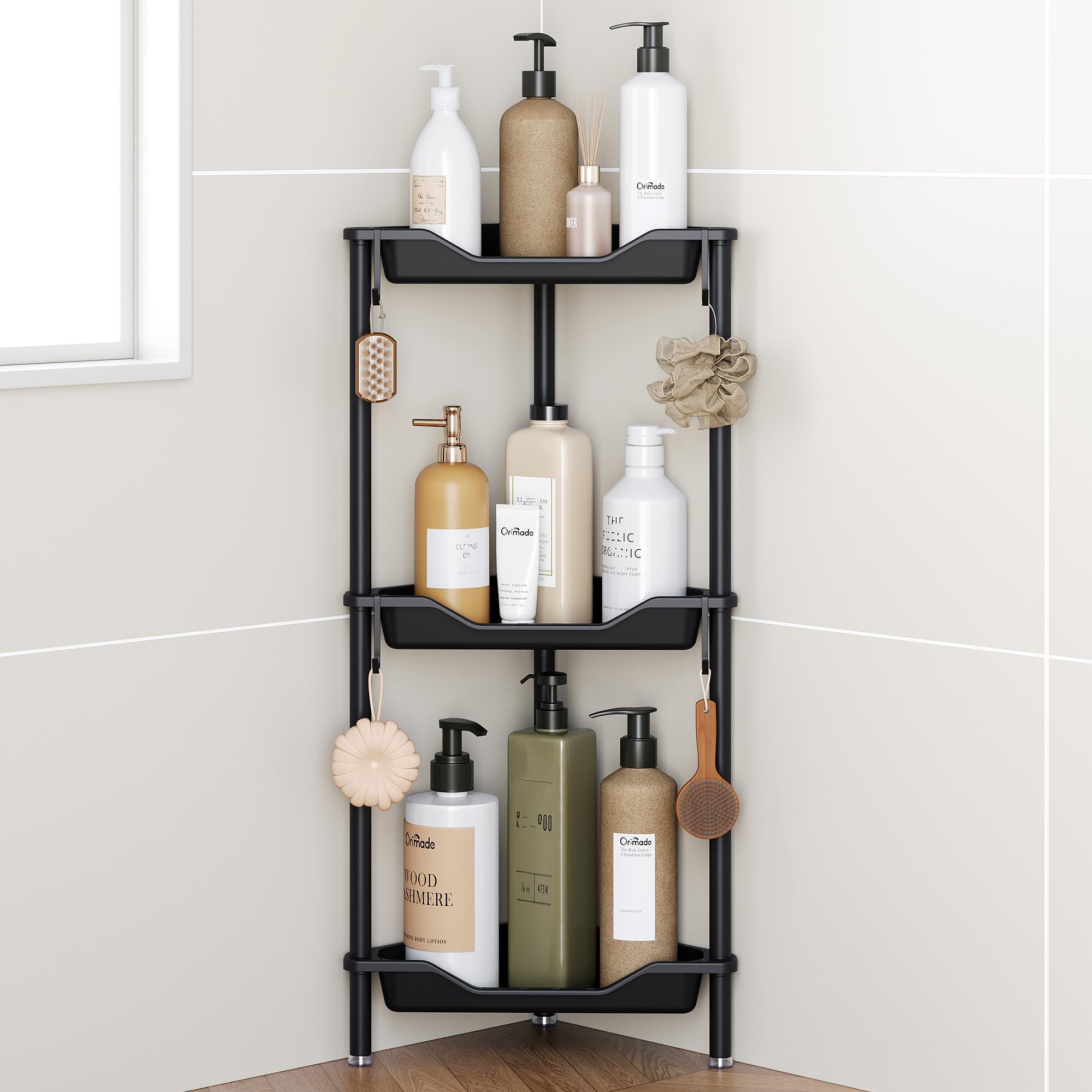 Orimade front view corner caddy showing organized toiletries and quick access