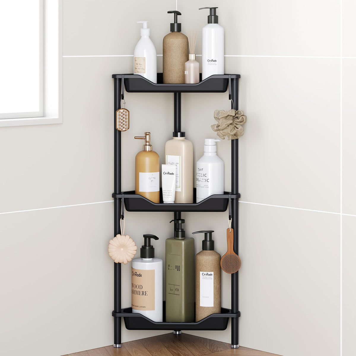 Orimade front view corner caddy showing organized toiletries and quick access