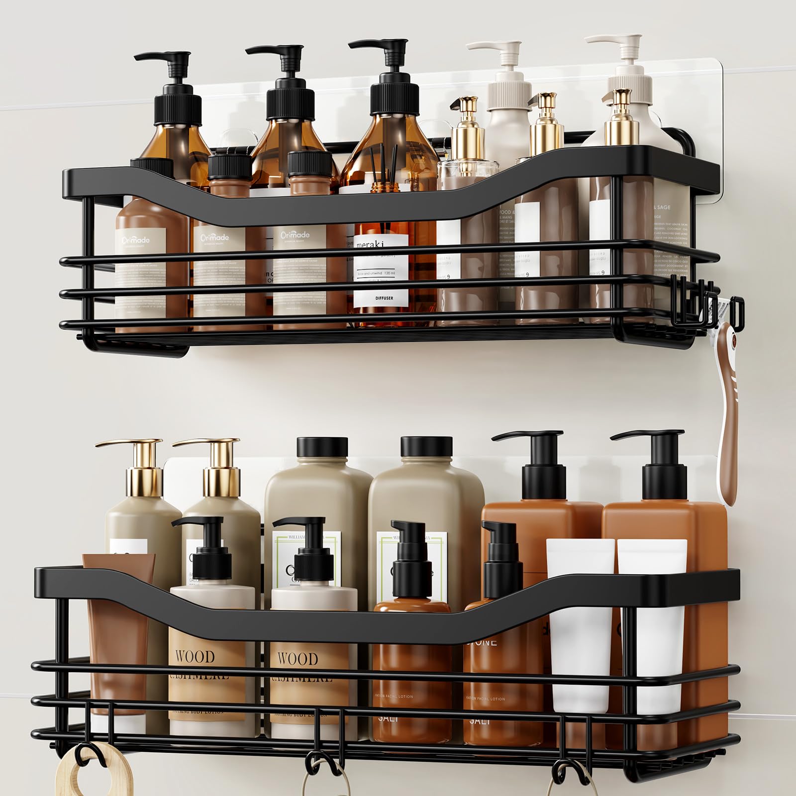 Orimade front view of two black adhesive shower caddies showing organized bottles