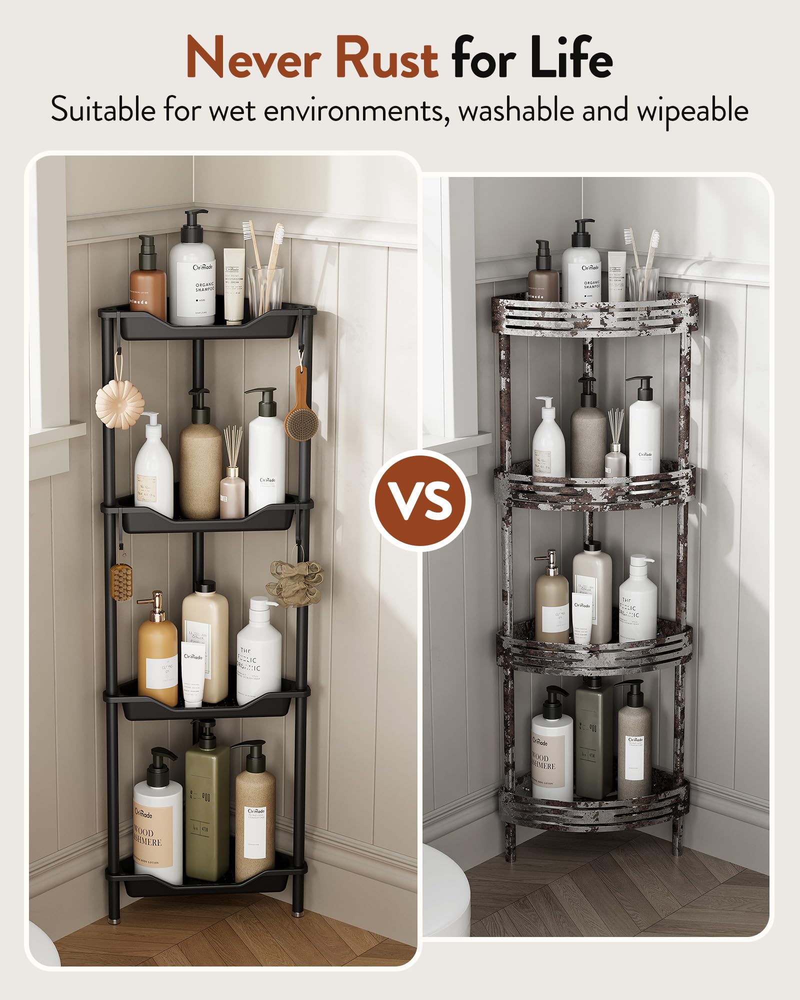 Orimade removable hooks holding loofah and razor for flexible hanging storage