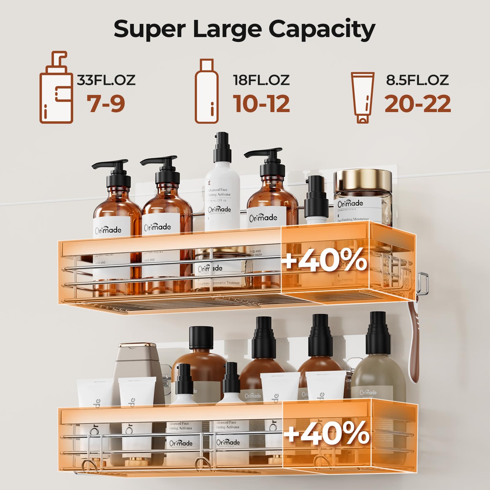 Orimade lower shelf with soap and lotion prevents countertop clutter