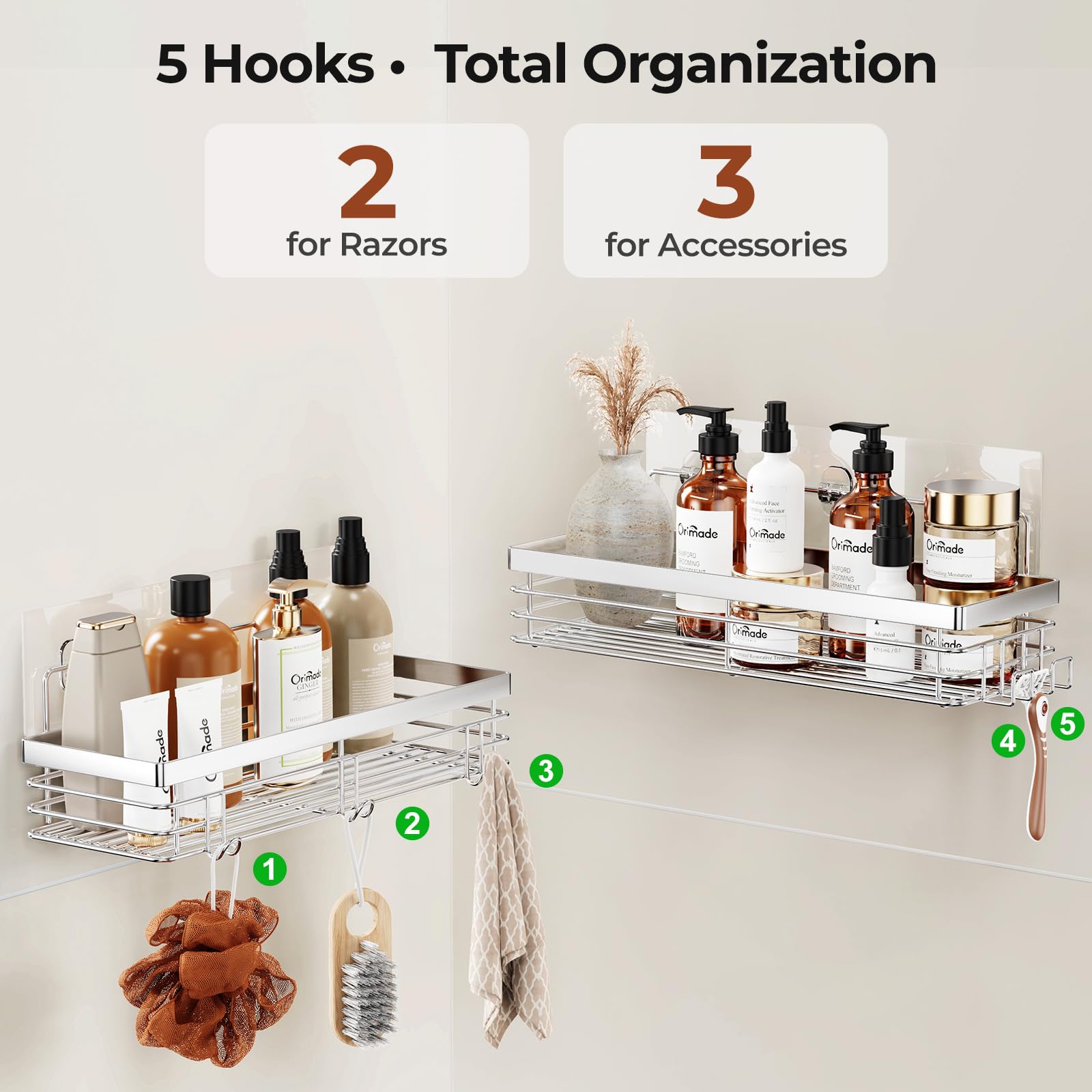 Orimade mounted in shower lifestyle demonstrates neat, space-saving storage