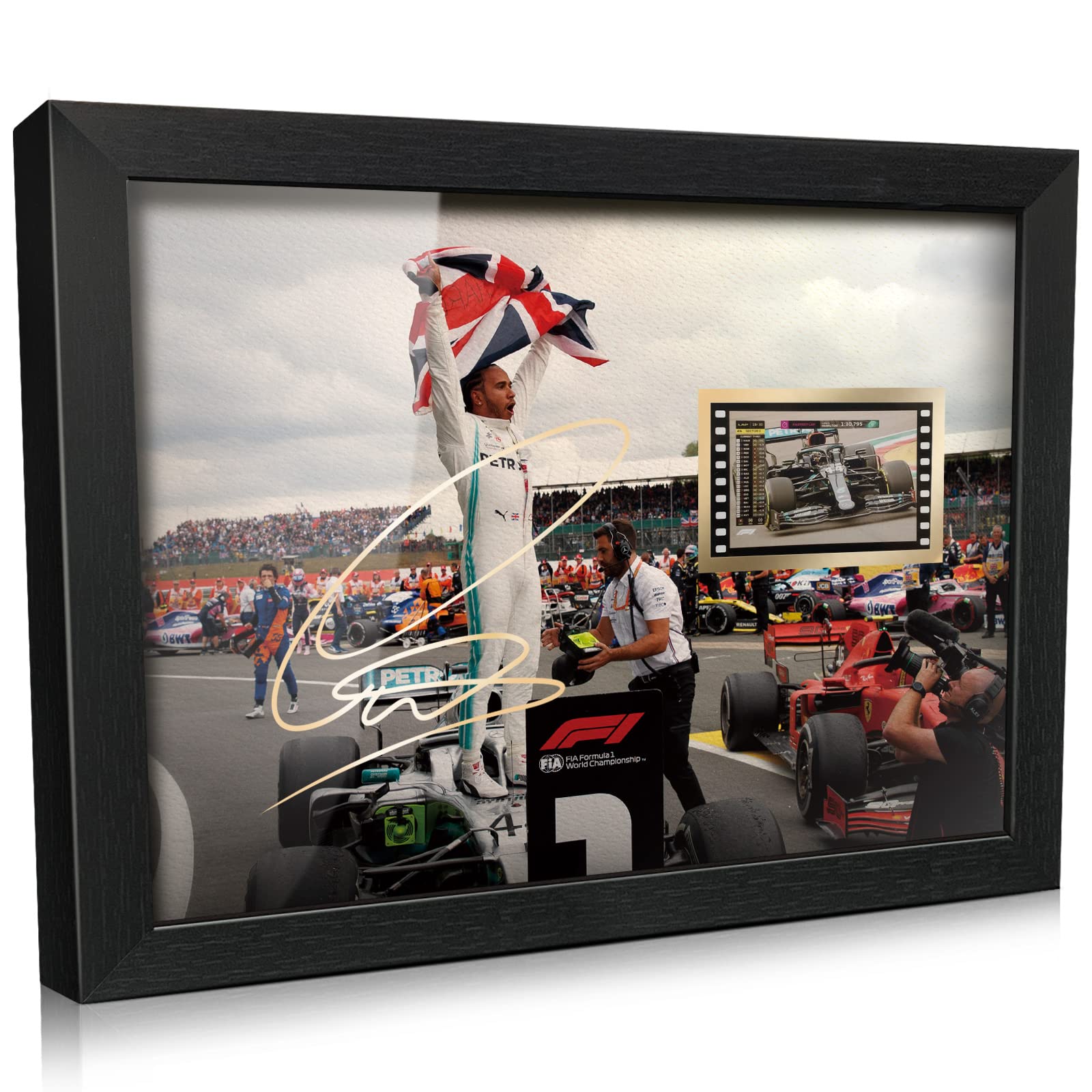 ORIMAMI front view of framed Lewis Hamilton poster showing clear autograph and image benefit display