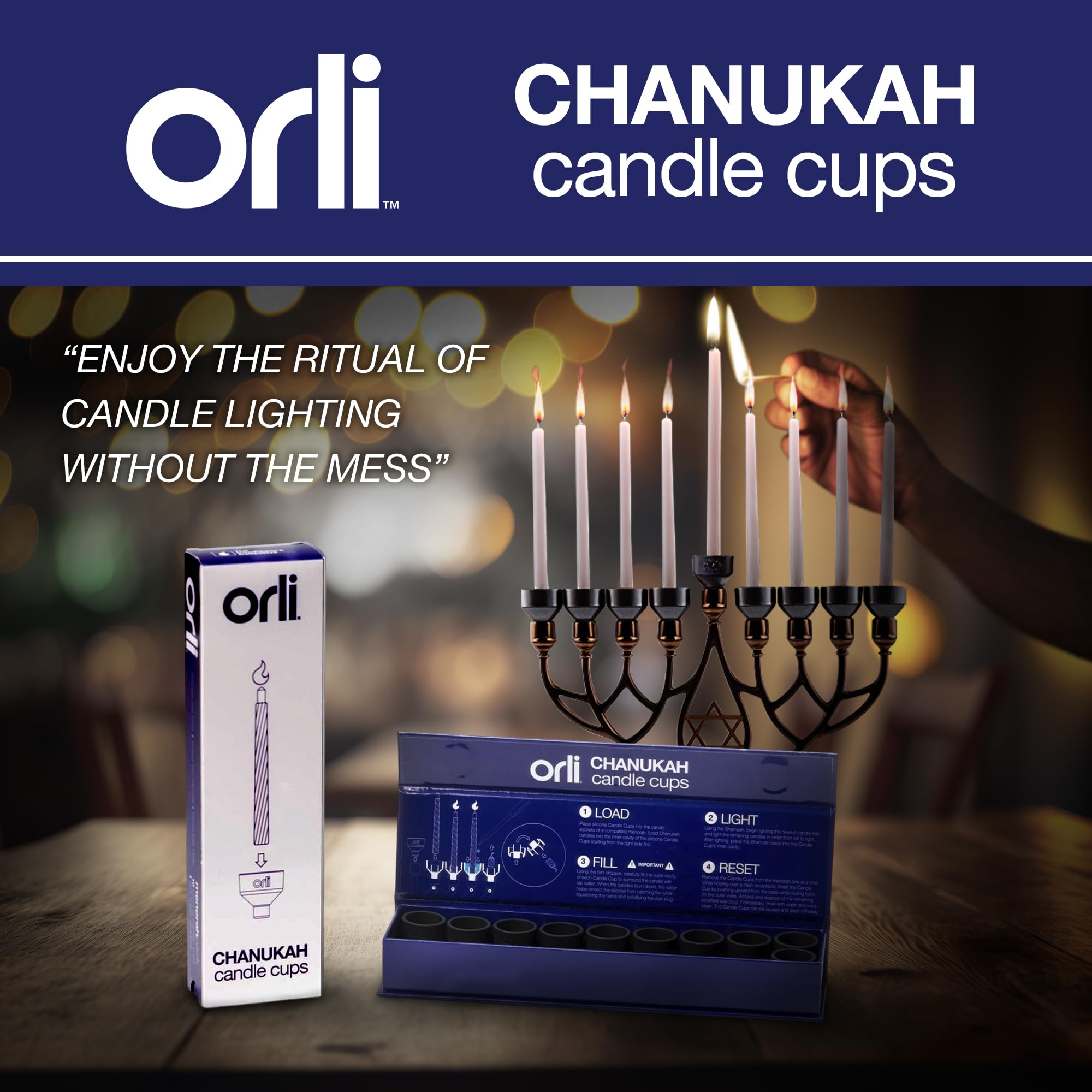 ORLI cup installed in an antique brass menorah protecting finish from wax damage benefit