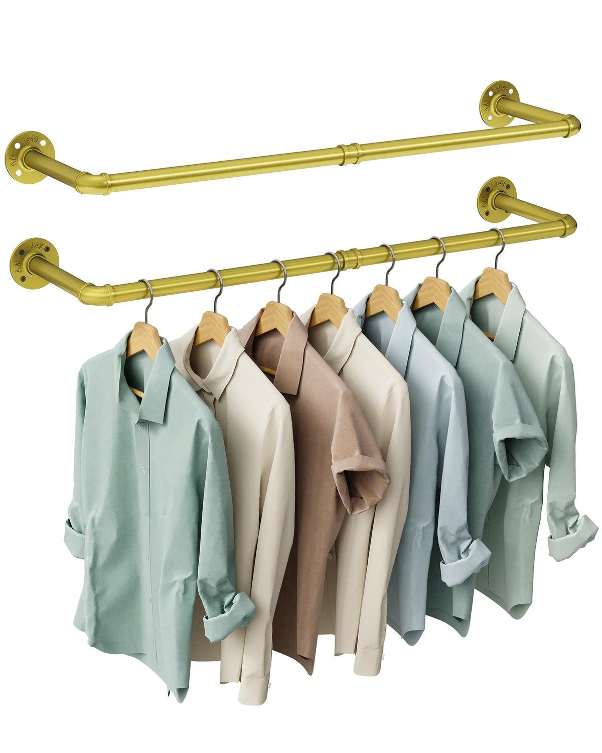 OROPY front view of the two-pack industrial pipe clothes rack showing robust build and ready-to-install benefit