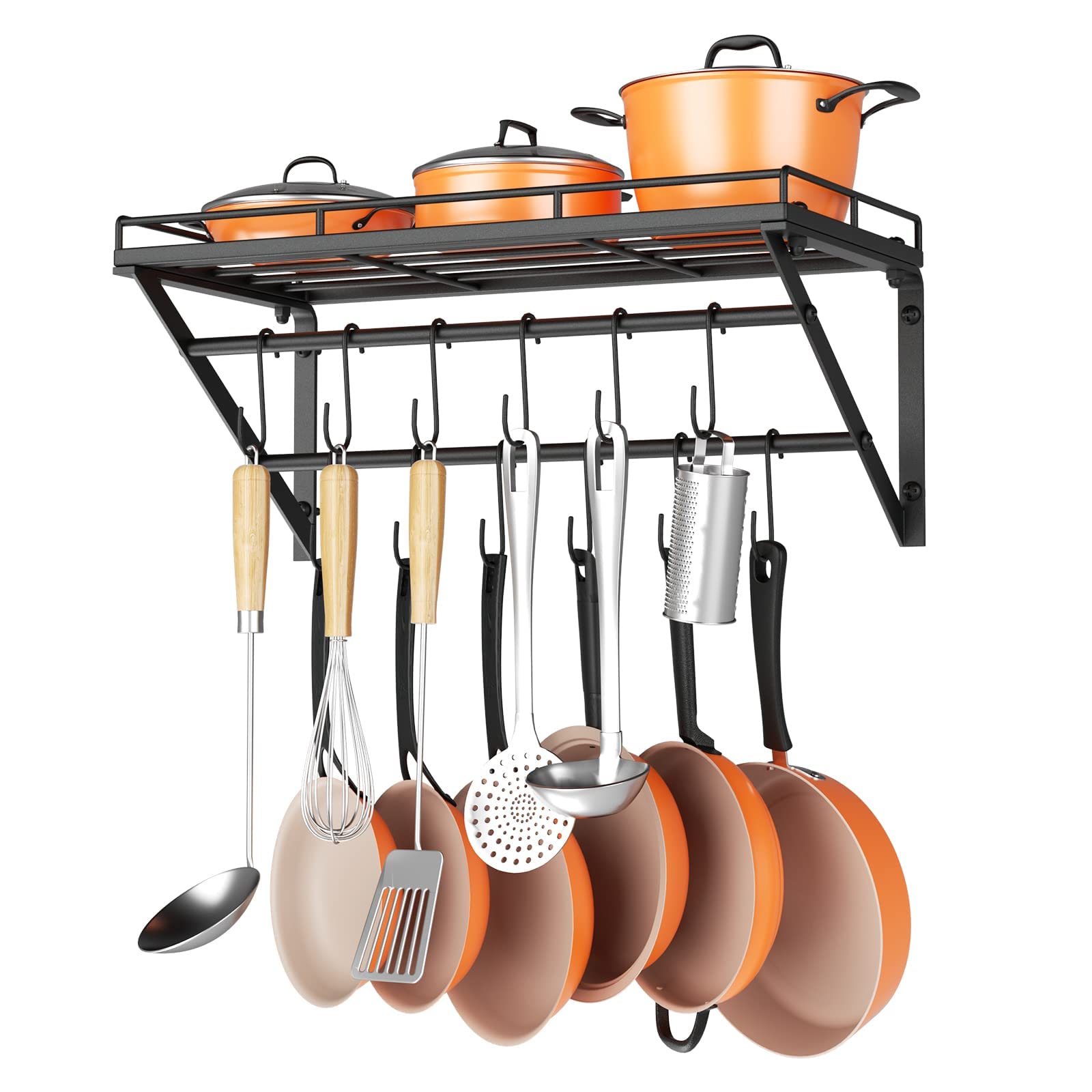 OROPY front view wall mounted pot rack showing organized cookware and space savings