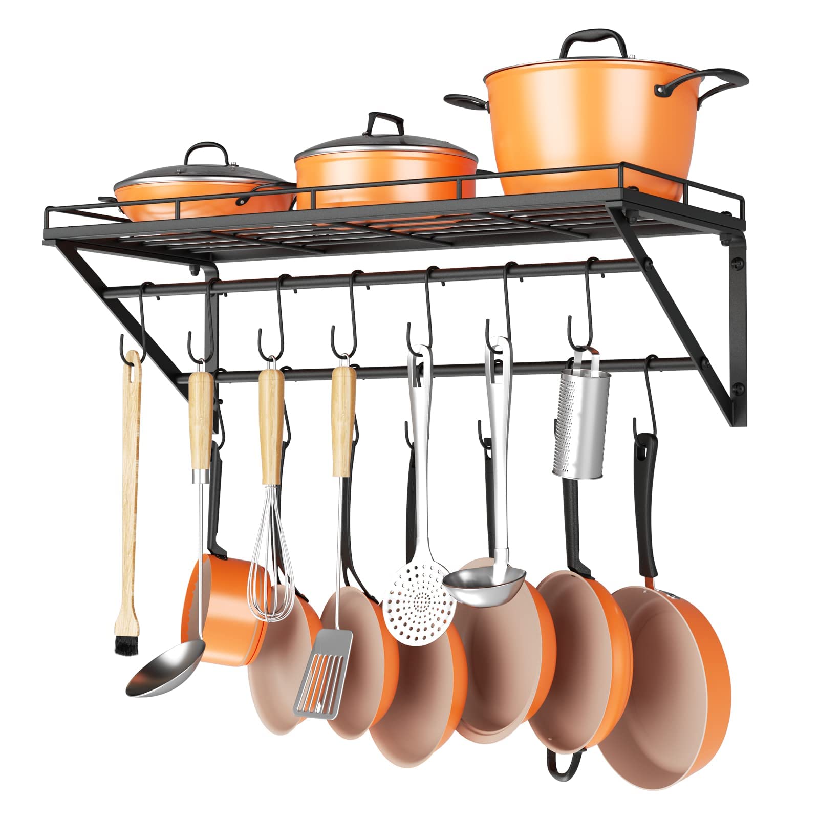 OROPY front view of pot rack showing full shelf and two hanging rails for organized storage