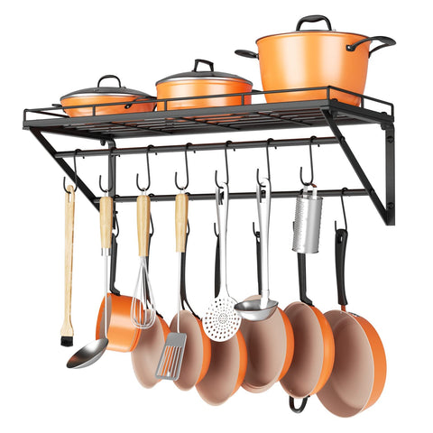 OROPY front view of pot rack showing full shelf and two hanging rails for organized storage