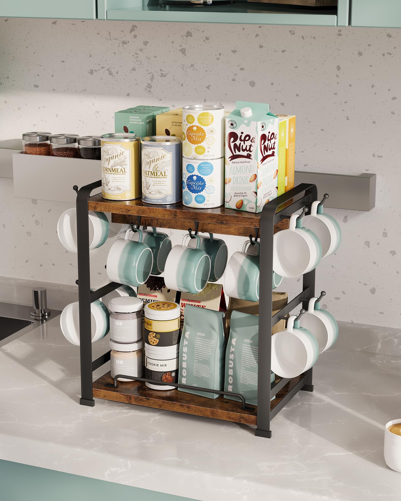 OROPY lifestyle kitchen scene with coffee setup showing a polished beverage station