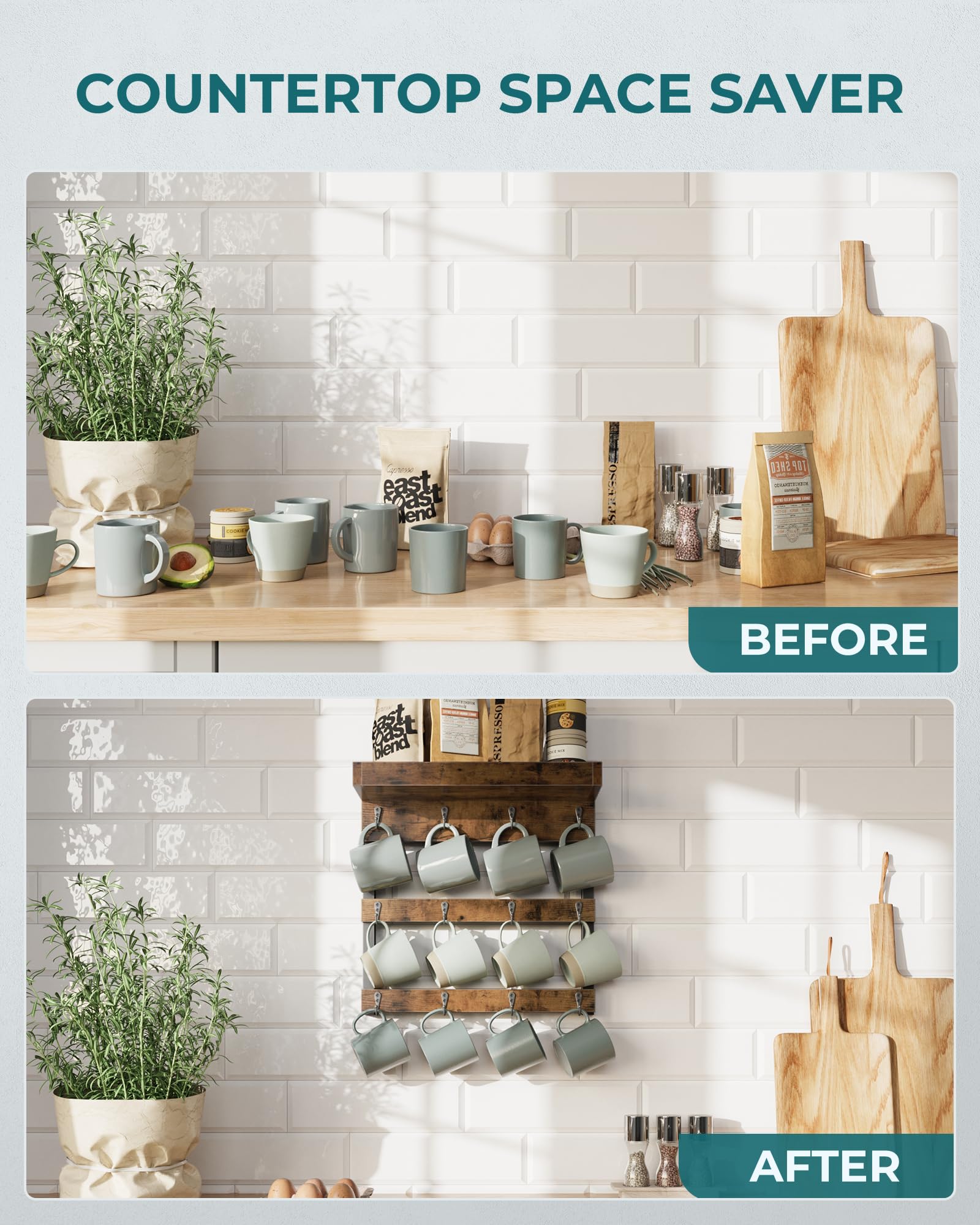 OROPY lifestyle coffee station showing rack enhancing decor and keeping mugs accessible