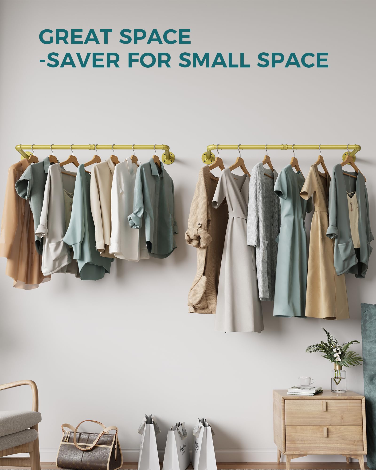 OROPY wall-mounted clothes rack wide shot creating organized hanging space for quick outfit access