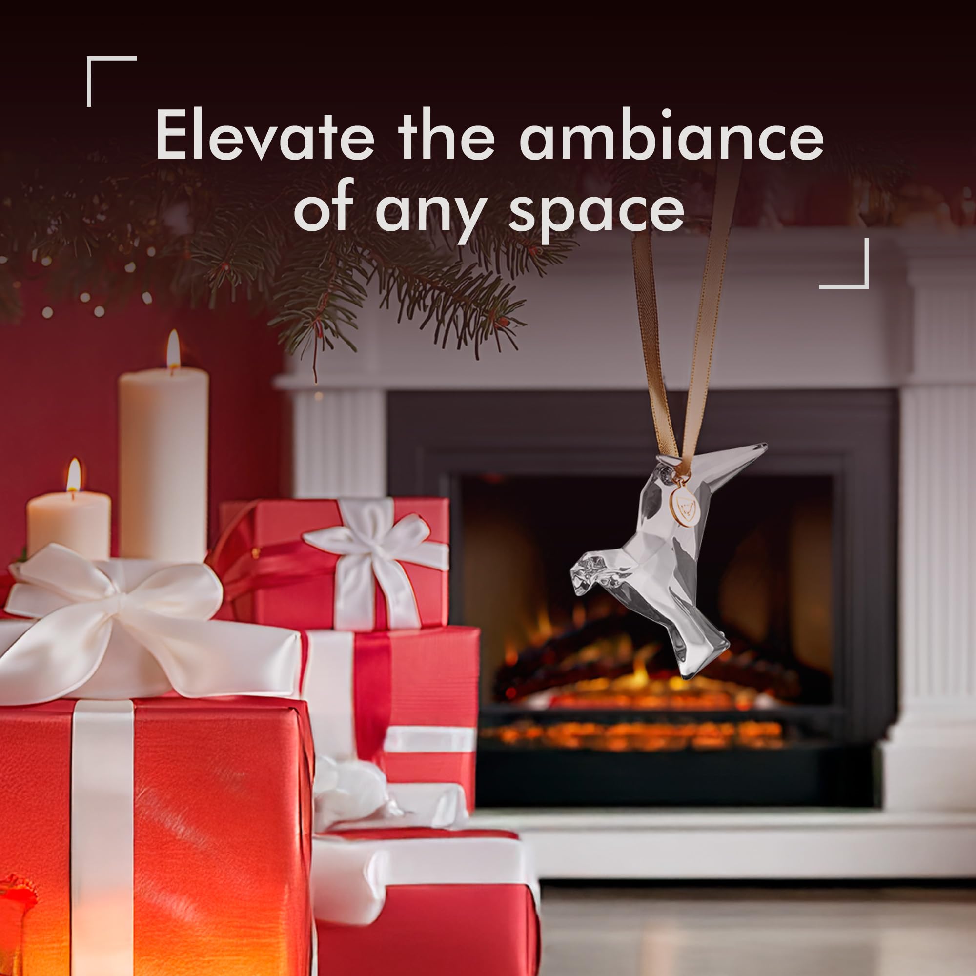 Orrefors Homage Dove on mantel as a sleek seasonal centerpiece and focal point