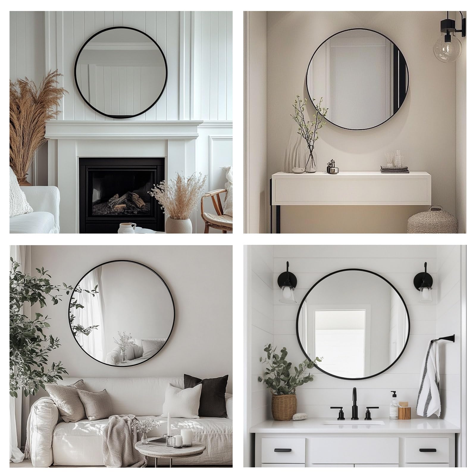 Oruii styled in living room above mantel adding depth and benefit of brightening space