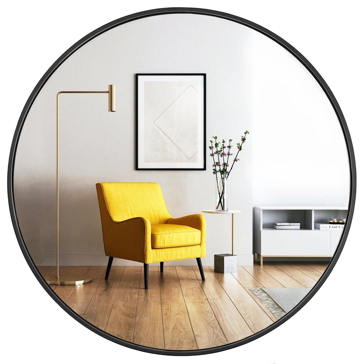Oruii round mirror front view showing clean circular silhouette and benefit of focal decor