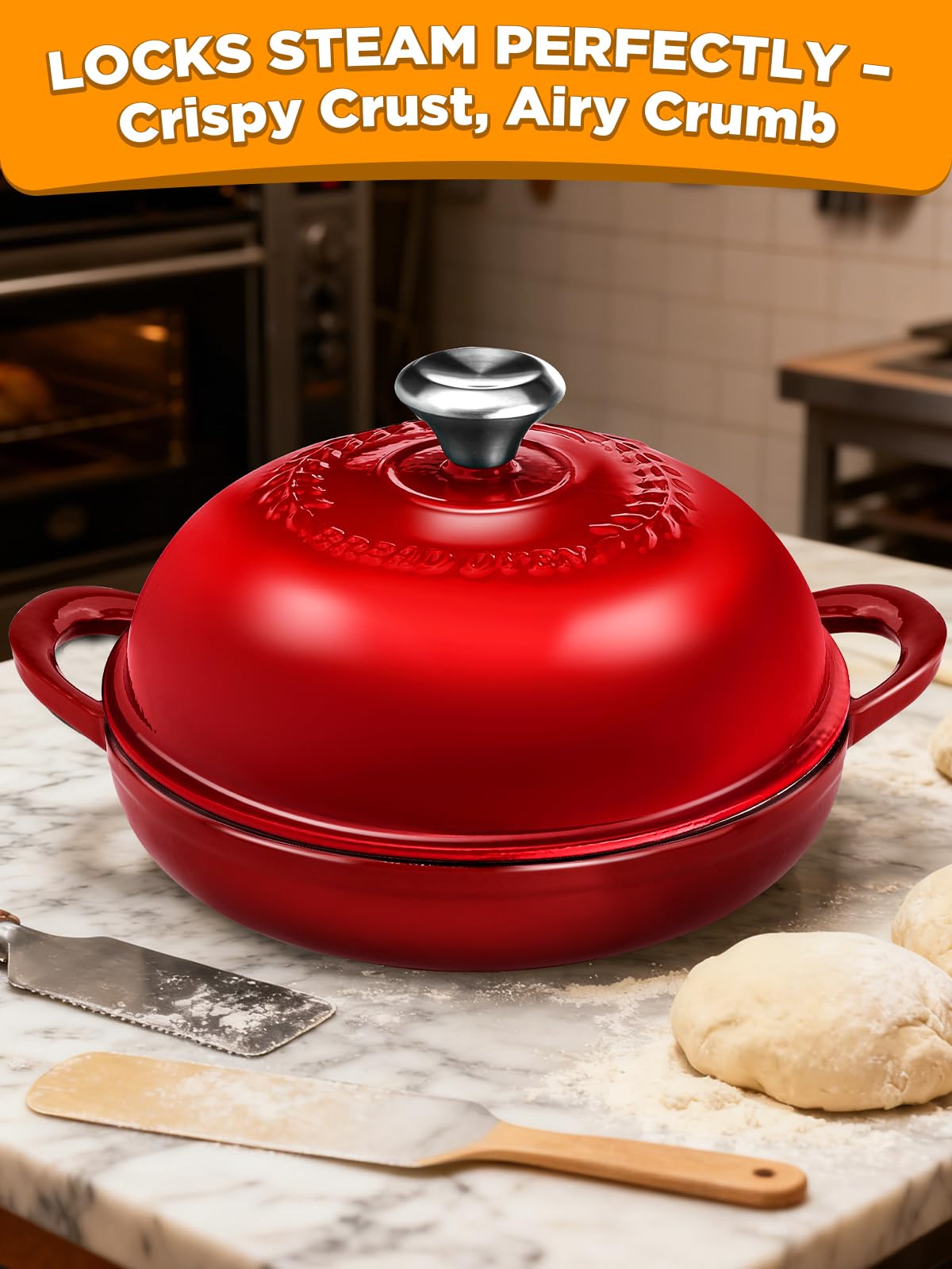 ORWIPO lid close-up showing tight seal and steam retention for better oven spring