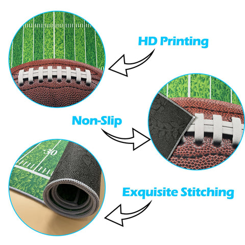 Osimiccp football rug styled in a bedroom adding sporty flair and soft floor comfort
