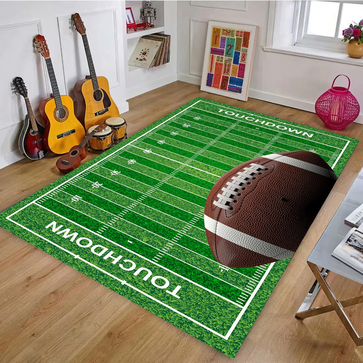 Osimiccp front view of football rug showing full field graphic and bold colors for fun décor